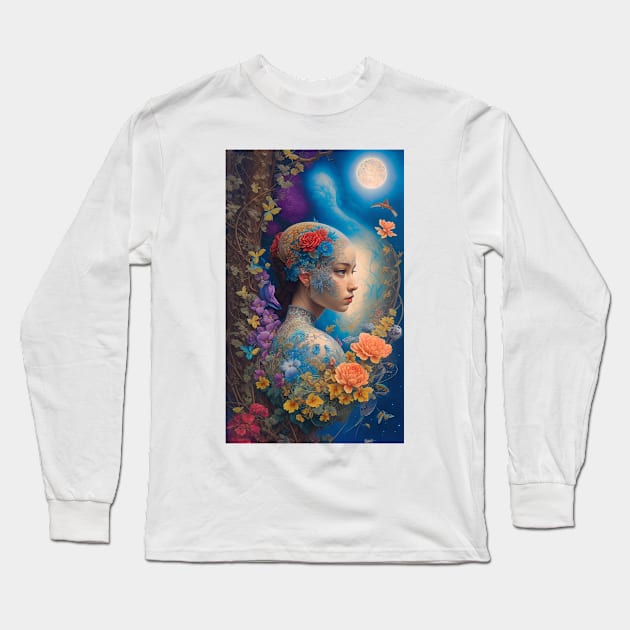 Enigma Moon Floral Girl Long Sleeve T-Shirt by AlligaTees